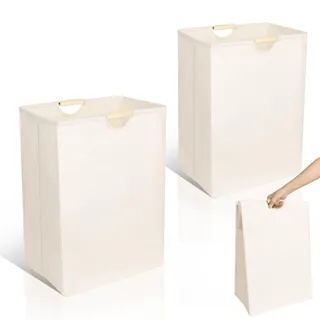 AiQInu Wäschekorb Faltbar, Wäschesammler Wäschesack mit Henkel Holzgriff Groß 56cm*40cm*27cm, Baumwoll- und Leinenmaterial, Große Kapazität, Platzsparend, für Schlafzimmer, Bad, Kinderzimmer, Reise