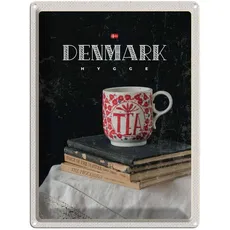 Blechschild 30x40 cm - Dänemark Teetasse Bücher Tischdecke