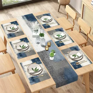 ArtSocket Farmhouse Tischläufer und Platzsets, 6er-Set, abstrakte Blaue und graue Malerei, Kunst, Esstischdekoration für den täglichen Gebrauch (1 Tischläufer 183 cm lang und 6 Platzdeckchen)