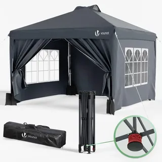 VOUNOT Pavillon 3x3m Wasserdicht Stabil Winterfest, Pop Up Faltpavillon mit 4 Seitenteilen und 4 Sandsäcke, Faltbar Partyzelt Gartenzelt Gartenpavillon inkl. Tasche, Grau