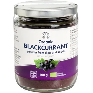 LOOV Schwarze Bio Johannisbeeren Pulver (Tresterpulver), 100 g, hoher Vitamin C Gehalt, nur aus Beerenschalen und -kernen, ohne Zuckerzusatz, gewachsen im nordischen Klima Europas