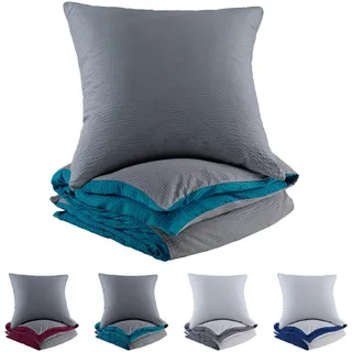 BaSaTex Microfaser Bettwäsche Set, 135x200 + 80x80, Petrol - Grau Anthrazit | Wende, Seersucker und Kissenbezug UNI Bettbezug für Bettdecke und Kissen, 100% Microfaser Polyester