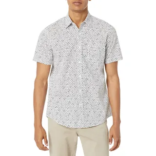 Amazon Essentials Herren Kurzarm-Hemd Hawaii-Hemd Schmal Geschnitten, Marineblau Weiß Geometrisches Muster, M