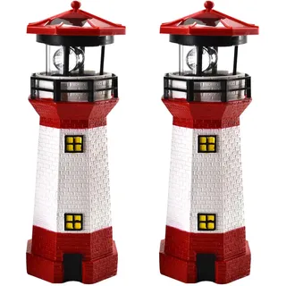2er Set LED Solar Leuchtturm 28 cm | Garten Deko Leuchtfeuer Rot Weiß | Gartendeko Beleuchtung Mit Dämmerungssensor | Solarbeleuchtung Gartendekoration