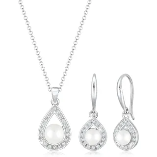 Elli PREMIUM Schmuckset Damen Tropfen Anhänger glamourös elegant mit Süßwasserperlen und Zirkonia Kristallen in 925 Sterling Silber