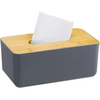 Relaxdays Taschentuchbox, nachfüllbar, Badezimmer, Tücherbox, Bambus-Deckel, Kunststoff, HxBxT: 10x23x13 cm, grau/Natur