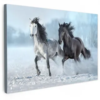 MuchoWow Leinwandbild Pferde - Winter - Tiere - Natur - Schnee Groß 140x90 cm , Anthrazit , Textil , Kiefer , Rechteckig , 140x90 cm , FSC 100% , gerahmt , Bilder & Rahmen, Bilder, Leinwandbilder