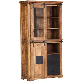 Landscape Vitrine , Naturfarben, Schwarz , Metall , Mangoholz , massiv , 4 Fächer , 2 Schubladen , 100x190x45 cm , stehend , Holzmöbel, Holzschränke, Vitrinen Holz, Vitrinenschränke Holz