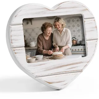 Afuly Herz Bilderrahmen 10x15 Weiß Holz Rustikal Fotorahmen | Farbtreue und Oberflächenfinish, Klarglas, Wand oder Tisch, Hochzeit, Geburtstag Jahrstag Geschenk