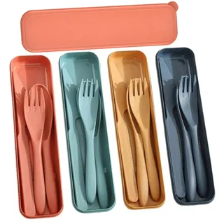 4 Pcs Wiederverwendbares Besteckset mit Etui,Plastik Besteck Mehrweg Set Reisebesteck Löffel Messer Gabel Camping Bestecks mit Koffer Reise Besteck mit Etui für Picknick Outdoor