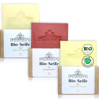 NATURAVELLA Premium 3 x BIO Seife Set | All-In-One Duschseife, Handseife, Körperseife & Haarseife | Vegan, Palmölfrei, Plastikfrei | 3x100g Naturseife Handgemacht in Österreich | Ideal als Geschenk