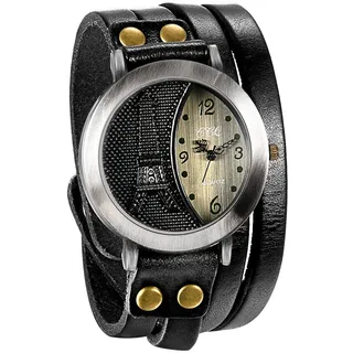 JewelryWe Herren Damen Armbanduhr, Leder Armband Wickelarmband, Retro Eiffelturm Design mit Strass, Analog Quarz Uhr, einfaches Digital Zifferblatt, 3 Farben