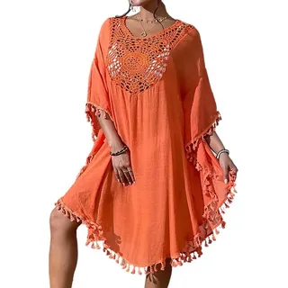 Damen Strandkleid Strandponcho Chiffon, Sommer Bikini Cover-Ups mit Quasten, Boho Strandtunika, Transparent Strandurlaub Beachwear, Orange, Einheitsgröße - Orange