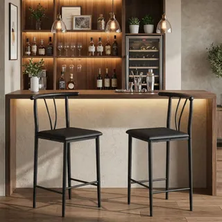 GarveeHome 2-Er Set Hocker Aus PU-Leder, Barhocker Mit Metallgestell, u-Förmige Rückenlehne Und Fußstütze, Für Esszimmer Und Wohnzimmer, 50 x 43 x 95 cm, Schwarz