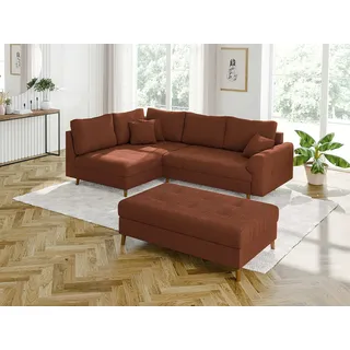 S-STYLE MÖBEL - Kai - Ecksofa mit Schlaffunktion und Hocker mit Braun Holzfüßen im skandinavischen Stil aus Terrakotta Cord-Stoff, Ottomane links - Orange