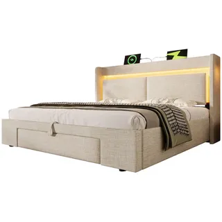 Stilvora Polsterbett 160/200 cm in Beige mit Bettkasten, Schublade, LED und USB Leinen , Textil , 160x200 cm , Schlafzimmer, Betten, Polsterbetten