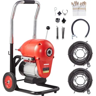 Vevor Rohrreinigungsmaschine 120 Fuß x 6/5 Zoll, 1100 W elektrische Rohrreinigungsmaschine mit manueller Zufuhr – mit 2 Stahlkabeln, 6 Schneidern und CW/CCW-Steuerung für 4" bis 8" Rohre
