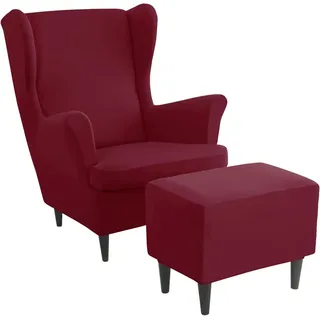 ZGantrix Ohrensessel überzug mit Hocker Bezug, 2 Teilig Sessel-Überwürfe+1 Teilig Ottomane Schonbezug, Beige/Grün/Rosa/Blau Ohrensessel Schonbezüge Sesselhusse Stretch Tiger Stuhlbezug mit Armlehne