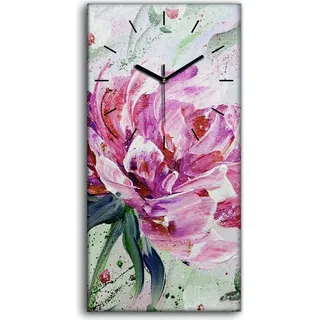 Wanduhr Bürouhr Leinwand Bild 30x60 Gemälde Blumen Pfingstrosen Floral - schwarze Hände - Grün