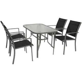 Garnitur PINO 5-teilig, Metall + Kunstgewebe schwarz, stapelbar, 4 Stühle