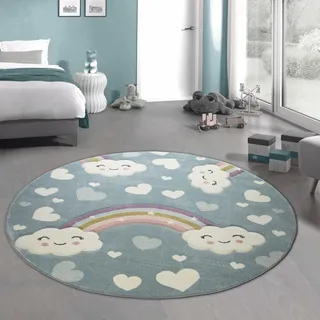CARPETIA Kinderteppich Kinderzimmerteppich Babyteppich Regenbogen und Wolken blau Größe 160 cm Rund