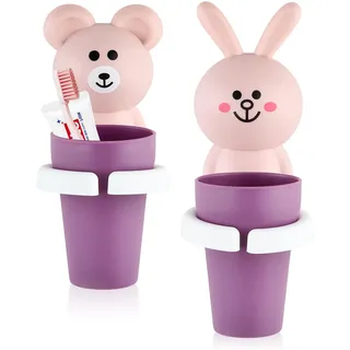 2 Stück Zahnbürstenhalter für Kinder, Zahnputzbecher Kinder ohne Bohren, Cartoon Zahnbecherhalter Wandmontierter, Niedliche Tier-geformte Zahnbürstenhalter Selbstklebend Wasserdicht (rosa)