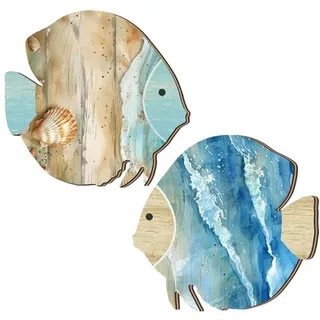 Zerodeko 2 Stück Wanddeko Fische Holz, Maritime Deko zum Aufhängen Himmelblau, 15cm Holzfische Wandgestaltung für Badezimmer Wohnzimmer, Sommerliche Meer Deko Set Fischskulpturen