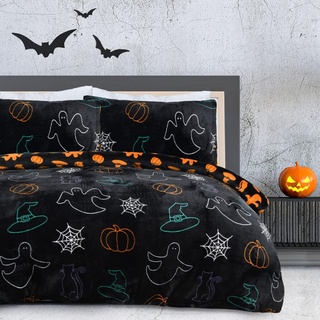 Sleepdown Halloween Gruseliger Geist Schwarz Orange Flanell Fleece Wendebettwäsche Set mit Kissenbezügen Warm Weich Pflegeleicht Bettwäsche - Doppelbett (200 cm x 200 cm)