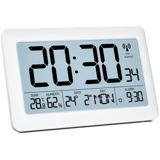 LATEC Wecker Digital Funkuhr, Funkwecker mit DCF-77, Wanduhr und Tischuhr mit 7,5" LCD Bildschirm, Wochentag(7 Sprachen), Hintergrundbeleuchtung, Kalender, Temperatur(Inklusive Batterie)