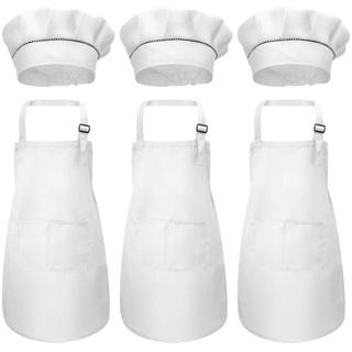 Fodlon 6 Stück Kinder Schürze und Kochmütze Set, Kids Chef Schürzen mit Taschen für Jungen Mädchen, Einstellbare Kind Küchenschürzen Kochschürze für Kochen Backen Malen Basteln (7-13 Jahre) (Weiß)