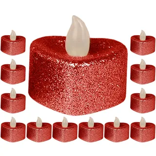 Mikikit 24 Stück Herzförmige Flammenlose Led Teelichter Mit Glitzer in Rot – Elektrische Kerzen Für Romantische Anlässe Hochzeiten Partys Und Feste