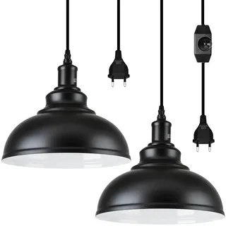 Hängelampe mit Stecker, 2 Stück Dimmbar Vintage Pendelleuchte mit 4.5m Kabel & Dimmer Schalter, E27 Lampefassung Schwarz Metall Hängeleuchte für Outdoor & Innen Küche Garten Balkon Terrasse, Ø 26CM