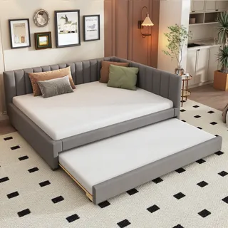 LVHOM Tagesbett 140x200cm, Daybett mit Ausziehbarer Liegefläche 90x190cm, Schlafsofa Grau - Grau