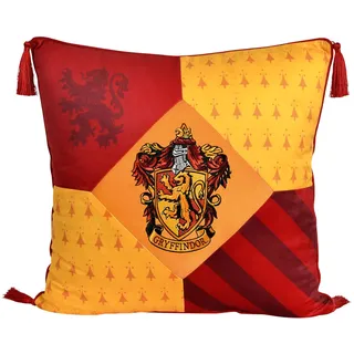Elbenwald Harry Potter Kissen mit Quasten im Gryffindor Design mit gesticktem Wappenpatch in den Hausfarben rot gelb 48 x 48 cm