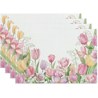 Tischsets Abwaschbar 4er Set, Rosa Tulpen Maiglöckchen Platzsets PVC | Platzdeckchen rutschfest hitzebeständig, Dekor für Küche Esstisch Urlaub Party 45cmx30cm