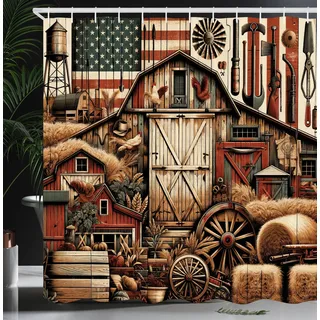 ABAKUHAUS Rustikal Duschvorhang, Grunge US Patriotischer Stil Amerikanische Scheune Western Bauernhaus Hütte, Stoffliches Gewebe mit Haken, 175 x 200 cm, Paprika Karamell Dunkles Türkis