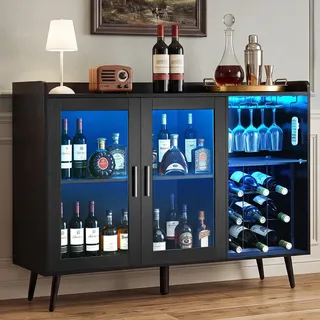 VEVOR Weinschrank mit Gläserhaltern, Buffet-Sideboard mit Dimmbarer LED-Beleuchtung und Flaschenregalen (für 9 Flaschen), Barschrank für Küche, Wohnzimmer und Esszimmer Weinbarschrank Schwarz