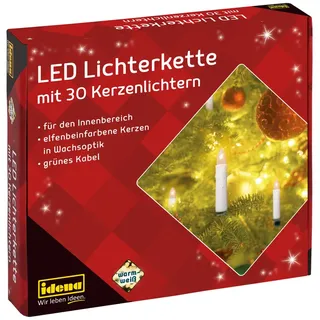 IDENA LED Lichterkette 30 LEDs in Warmweiß, elfenbeinfarbene Kerzen mit Befestigungs-Klemmen, ca. 16 m,