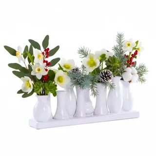 Jinfa Vasen Set Weiß - 10 kleine Blumenvasen auf Sockel - Minivasen aus Keramik Deko Vasenset für Tischdeko - Moderne Miniatur Keramikvasen Ensemble für einzelne Blumen, Trockenblumen, Pampasgras