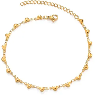 COOLSTEELANDBEYOND Edelstahl Damen Mädchen Gold Puff Herz Gliederkette Fußkette Fußkettchen, Verstellbare