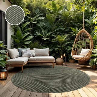 TT Home In-& Outdoorteppich Wetterfest Balkon Schlafzimmer Boho Skandi Motiv Unifarben Geometrische Optik Moderner Style Größe 200 cm Rund - Grün