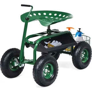 COSTWAY Rollsitz höhenverstellbar fahrbar, Gartenwagen mit Rollen, ausziehbarem Griff & Korb, Gartensitz drehbar bis 150kg 96,5x47,5x47-55cm
