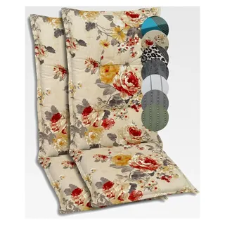 Bequeme Polsterauflagen für Hochlehner-Gartenstühle (2er-Set, Blumen bunt beige) - Beige, Bunt