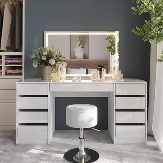 Vicco Schminktisch Sherry, 158.2 cm mit LED-Spiegel und Hocker, Weiß/Weiß Hochglanz - Weiß