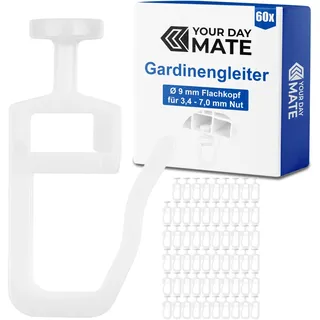 Gardinengleiter für Innenlaufschienen, 60 Stück, mit Ø 9 mm Flachkopf, in Weiß, Faltengleiter für Vorhangschiene, Gardinenschiene, Vorhang Rollgleiter Kräuselband Haken, Gardine Gleiter Schiene System