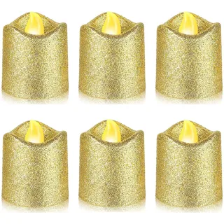 YiYFiT Glitter Gold LED Votivkerzen, Batteriebetriebene LED Teelichter gefälschte Kerzen Flammlose Teelicht Geschenke für Home Party Hochzeit Halloween Weihnachtsdekoration (6-Pack)