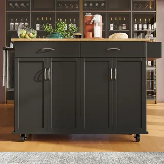MERAX Küchenwagen mit erweiterbarer Arbeitsplatte, Küchenschrank mit Holzmaserung, 2 Schubladen, Handtuchhalter 106×50×90.5cm, Schwarz - Schwarz