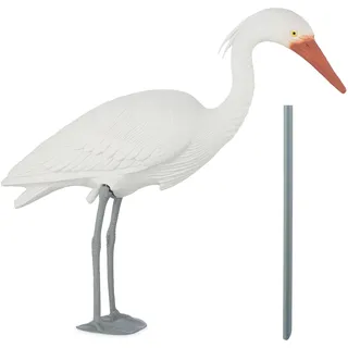 Relaxdays Gartendeko Figur Reiher, Vogelschreck Garten & Teich, Fischreiher Außenbereich, zum Stecken, Dekovogel, weiß