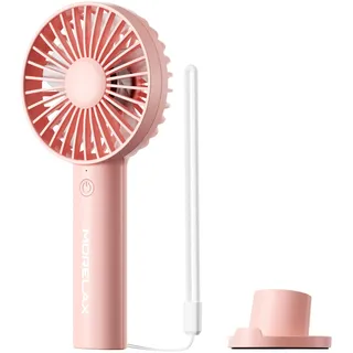 Morelax Handventilator Akku, Tragbarer Mini USB Ventilator mit Standfuß, 3 Geschwindigkeiten, 10 Std. Laufzeit, Kleiner Elektrischer Tischventilator & Taschenventilator für Reisen, Büro, Outdoor, Rosa
