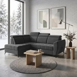 Ecksofa AURORA II L-Form mit Schlaffunktion und Bettkasten, Ottomane links, verstellbare Kopfstützen, Velours VENA Graphit, Wohnlandschaft - Schwarz